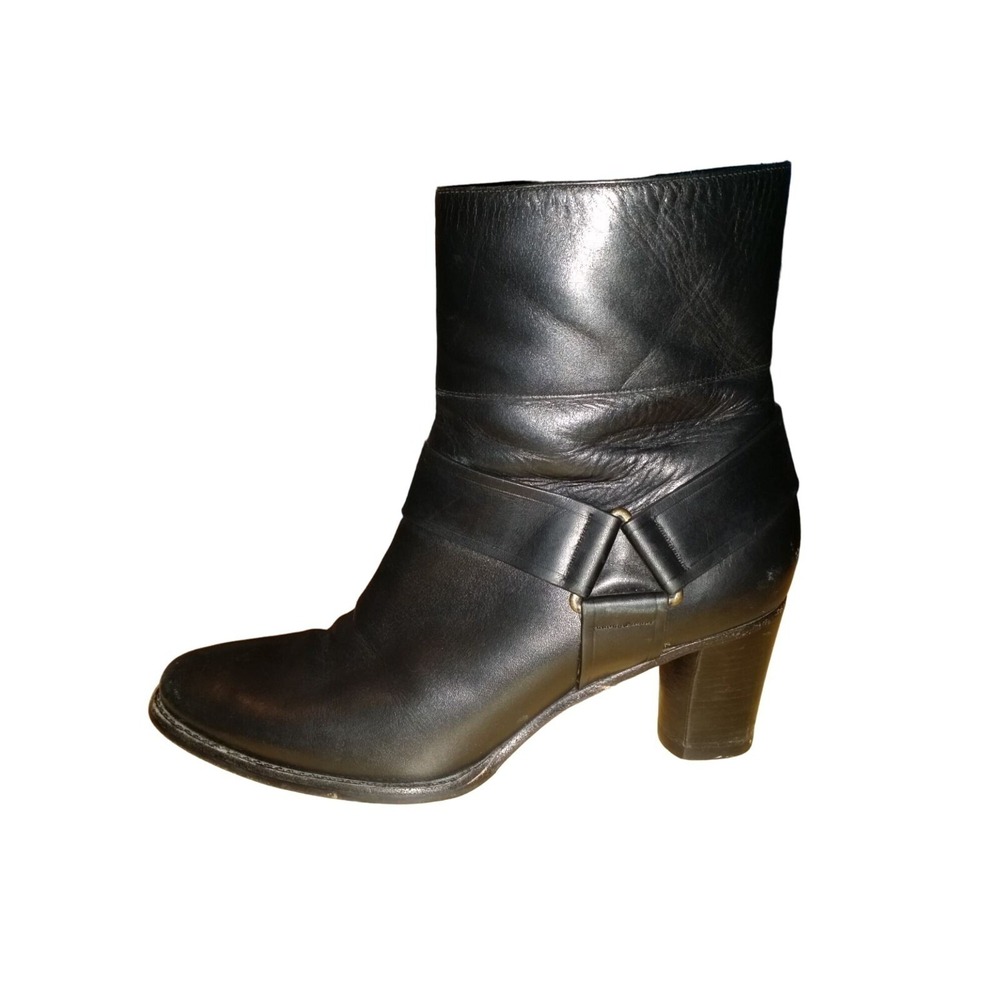 Cole Haan Black‎ Leather Ankle Boots Women Size 7.5B Block Heel Harness Booties